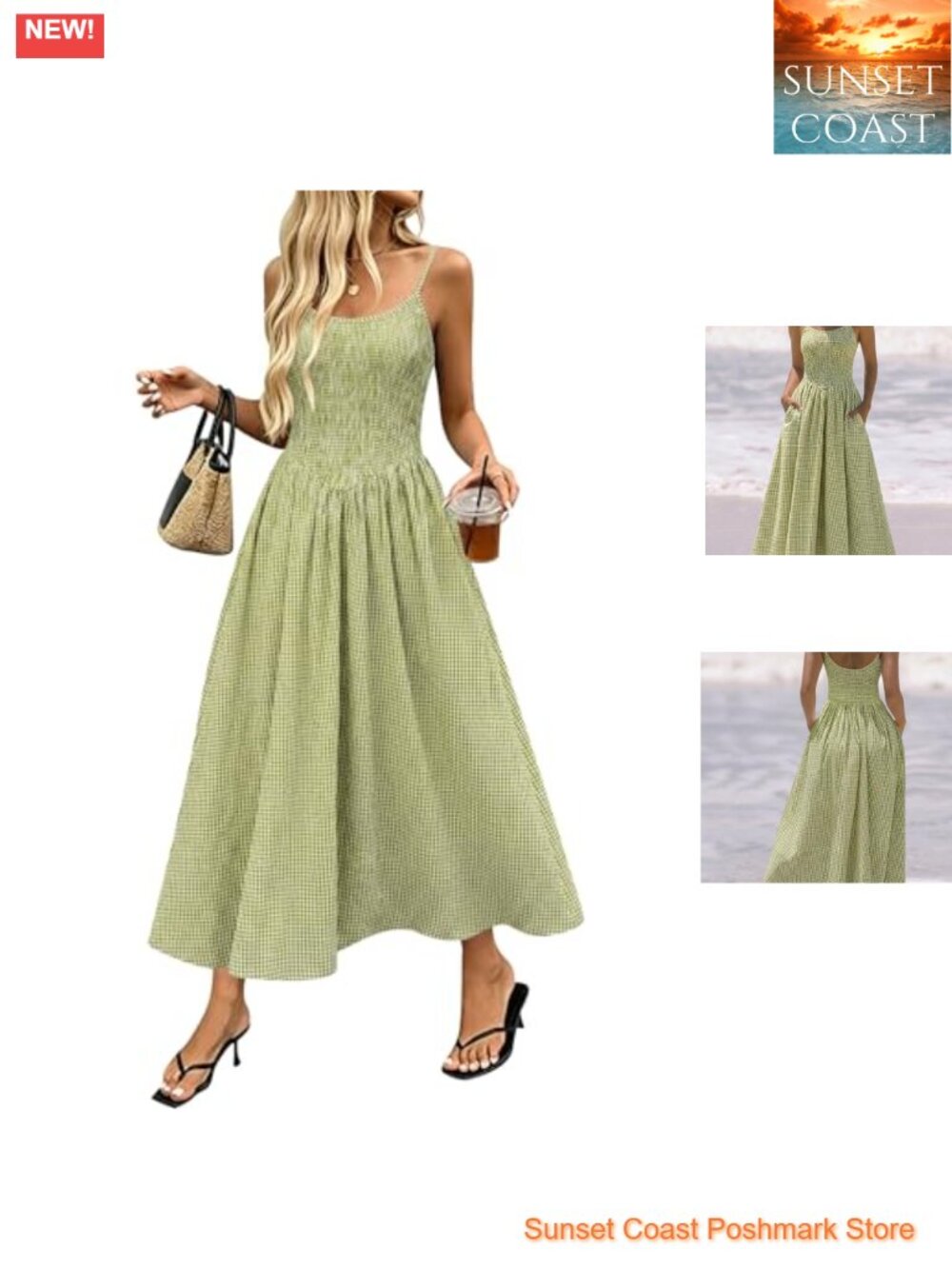 Womens Smocked Tiered Midi Sundress Sleeveless Plaid Pockets Summer
